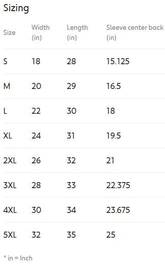 Adult T Shirt Size Chart